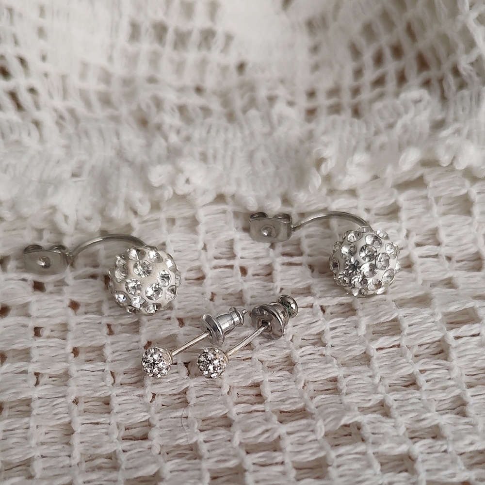 Sterling Silver Crystal Ball and Stud Earring Set - White